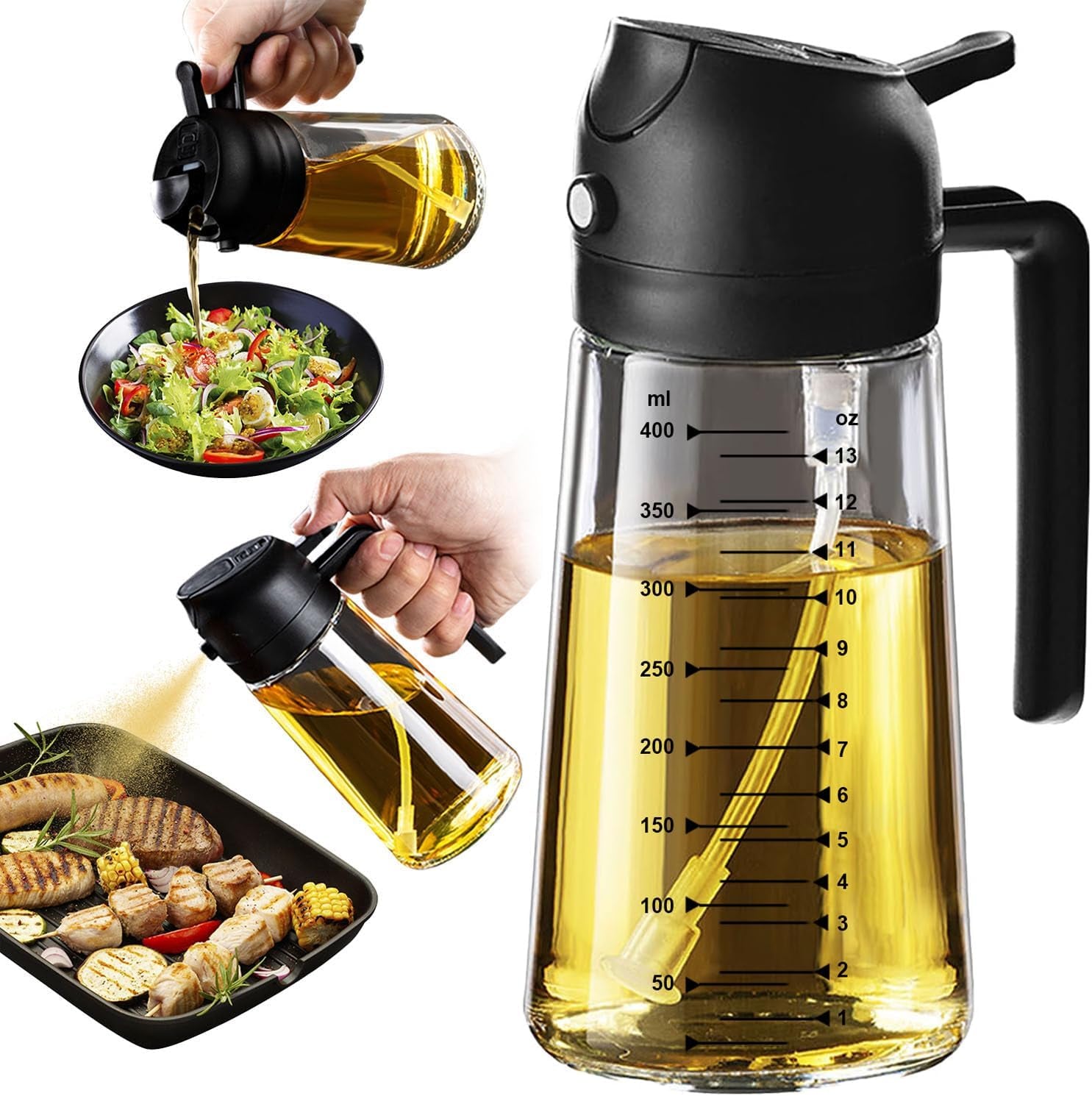 16oz Glass Olive Oil Sprayer – 2-in-1 Dispenser Bottle for Cooking & Air Fryer