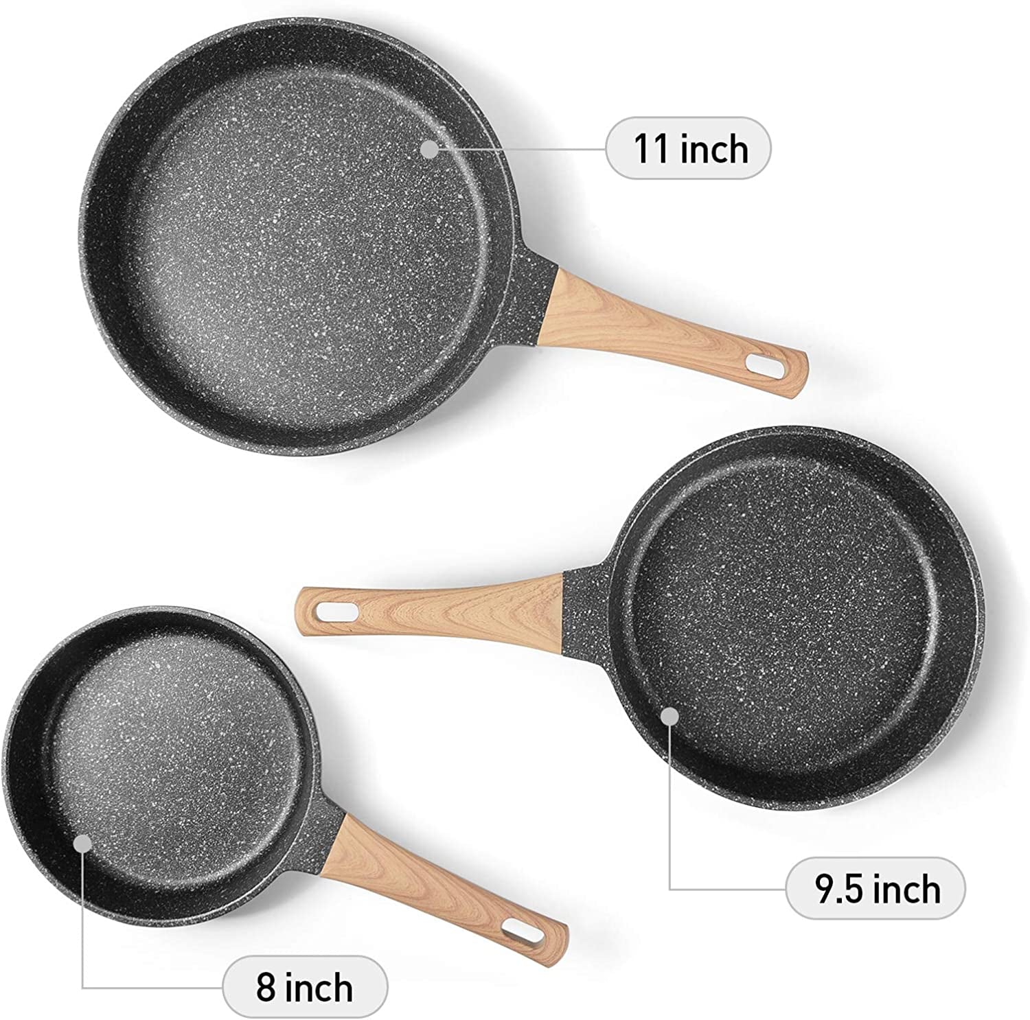 Nonstick Granite Frying Pan Set (8”, 9.5”, 11”) – Induction Compatible Skillets with Heat-Resistant Handles