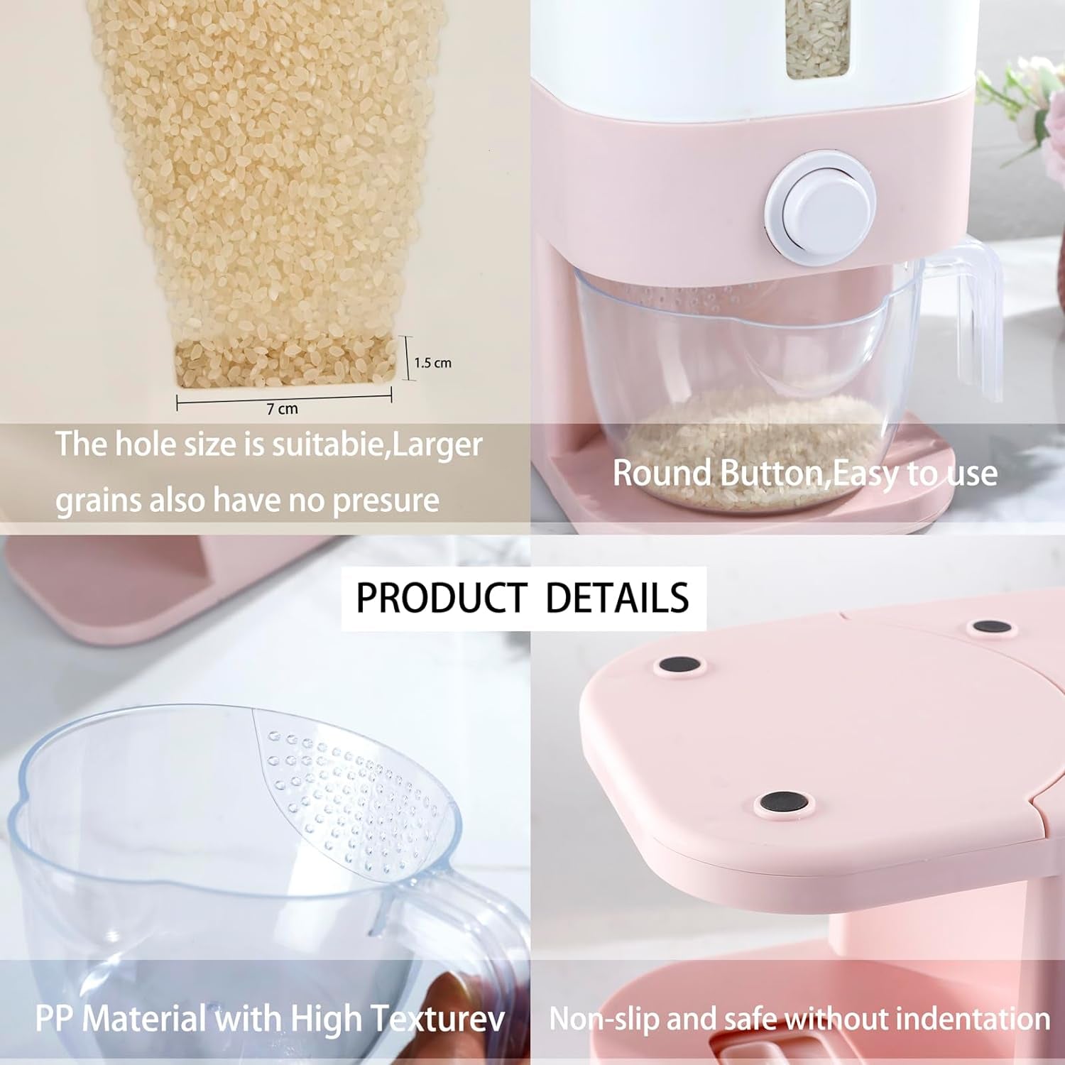 Pink Rice Storage Dispenser (22.5–25 lbs) with Measuring Cup – Airtight Kitchen Container