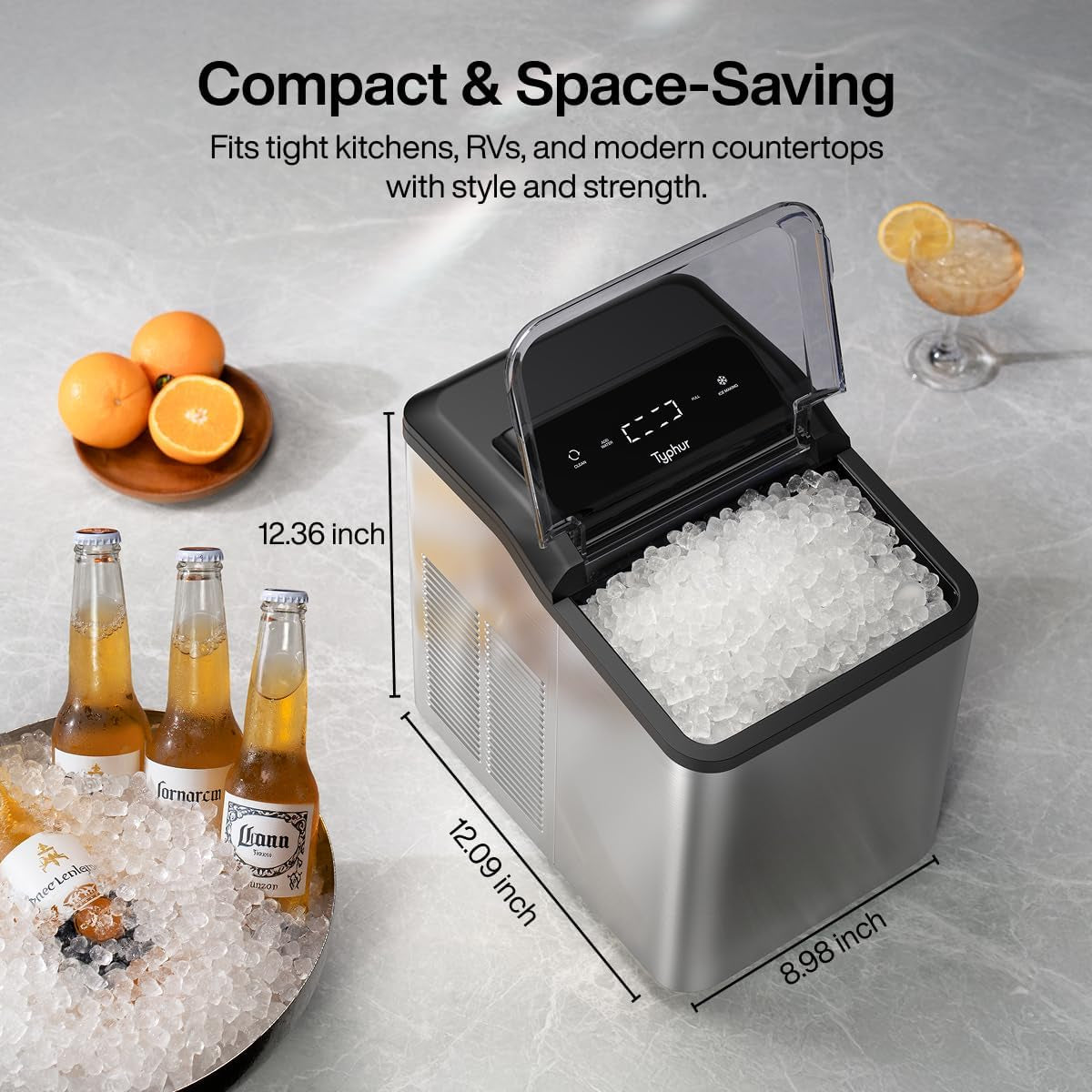 Typhur Countertop Nugget Ice Maker – Fast Pebble Ice Machine, 35 lbs/24H, Self-Cleaning, Stainless Steel