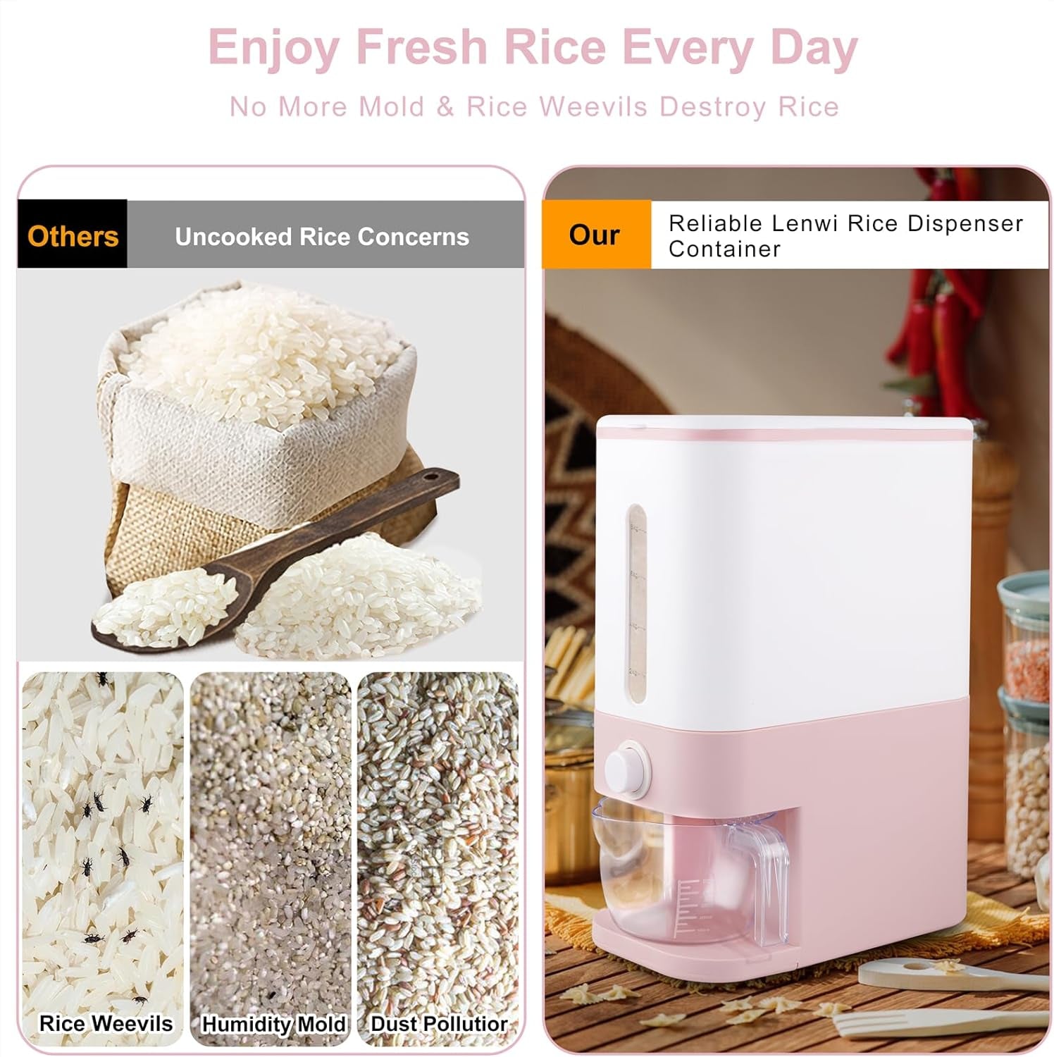Pink Rice Storage Dispenser (22.5–25 lbs) with Measuring Cup – Airtight Kitchen Container