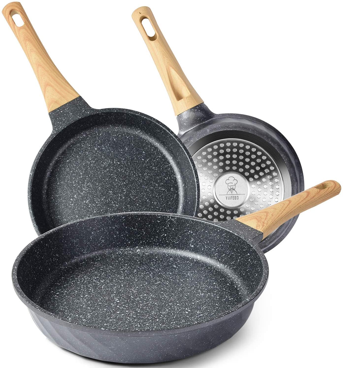 Nonstick Granite Frying Pan Set (8”, 9.5”, 11”) – Induction Compatible Skillets with Heat-Resistant Handles
