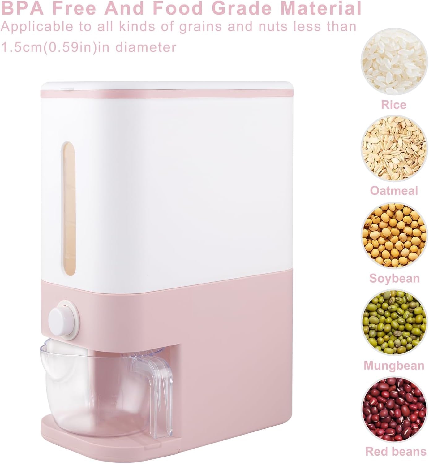 Pink Rice Storage Dispenser (22.5–25 lbs) with Measuring Cup – Airtight Kitchen Container