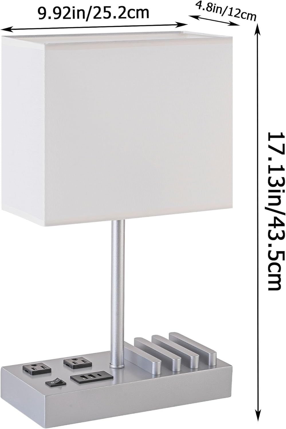 Modern Bedside Table Lamp with USB Ports, AC Outlets & Phone Stands (Silver Wood Base)