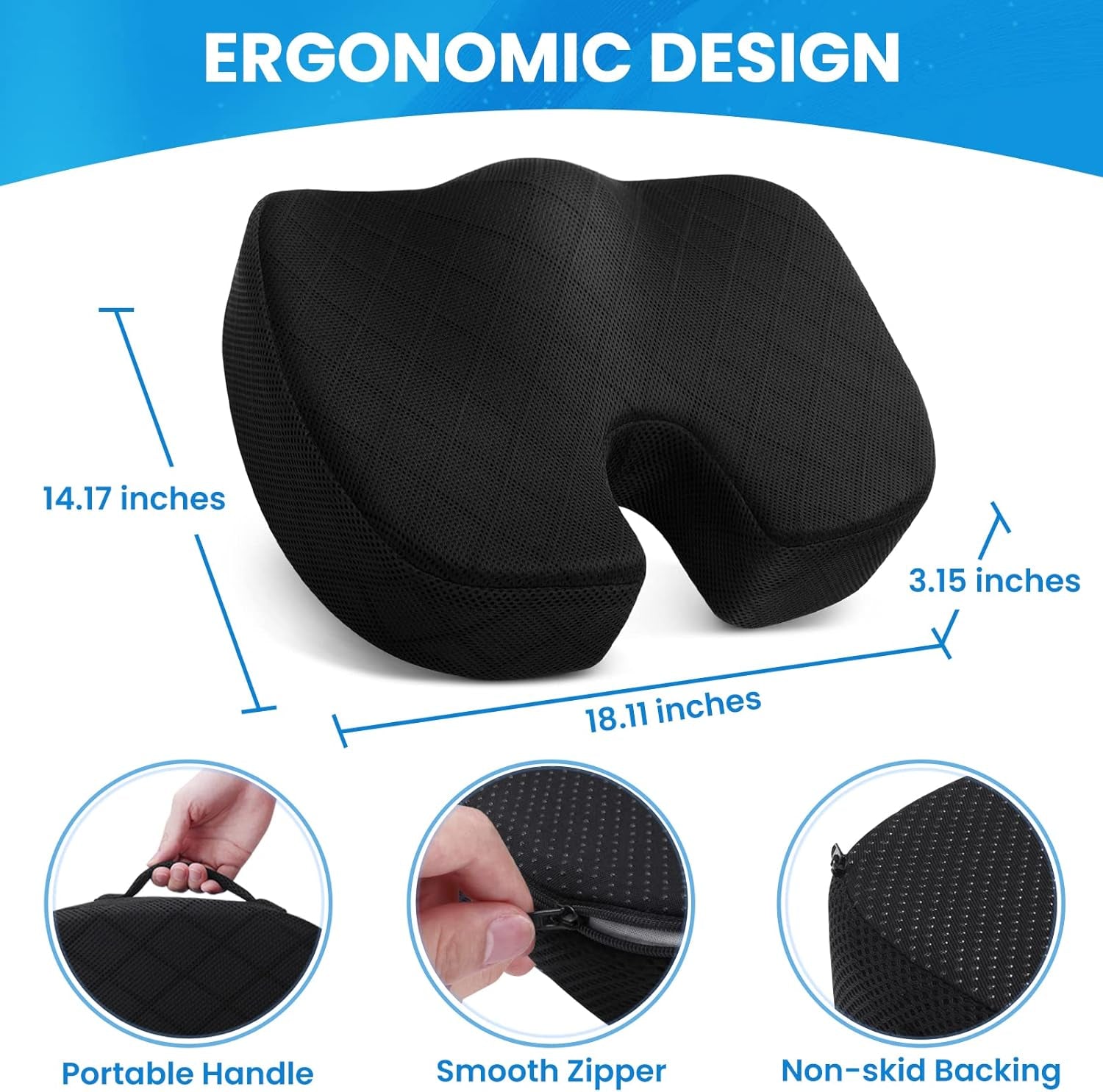Memory Foam Seat Cushion – Non-Slip Chair Pad for Sciatica, Back & Tailbone Pain Relief